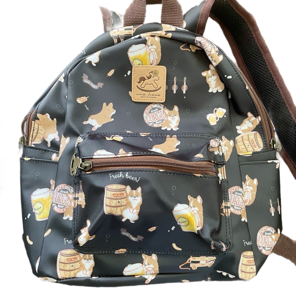 NWOT Uma Hana Black Backpack with Corgi and Beer Print